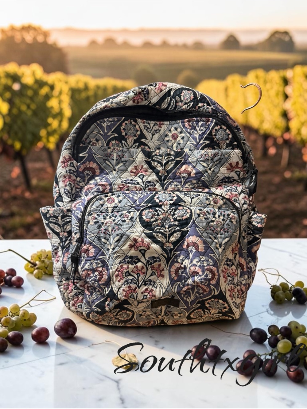 Quilted Floral Print Women’s Backpack - Navy & Cream